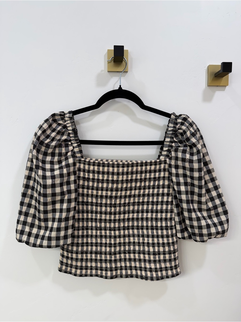 BB Dakota Black & Cream Gingham Smocked Square-Neck Puff Sleeve Top